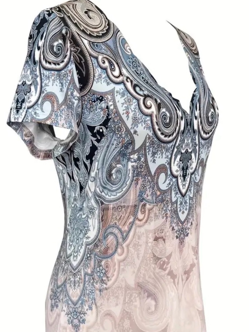 Paisley Scalloped V-Neck Dress Short Sleeve Gradient Blue & Pink Print Sz XXL - Picture 4 of 14